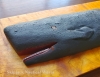 Carved Wood Black Painted Sperm Whale on Tiger Maple Backboard
