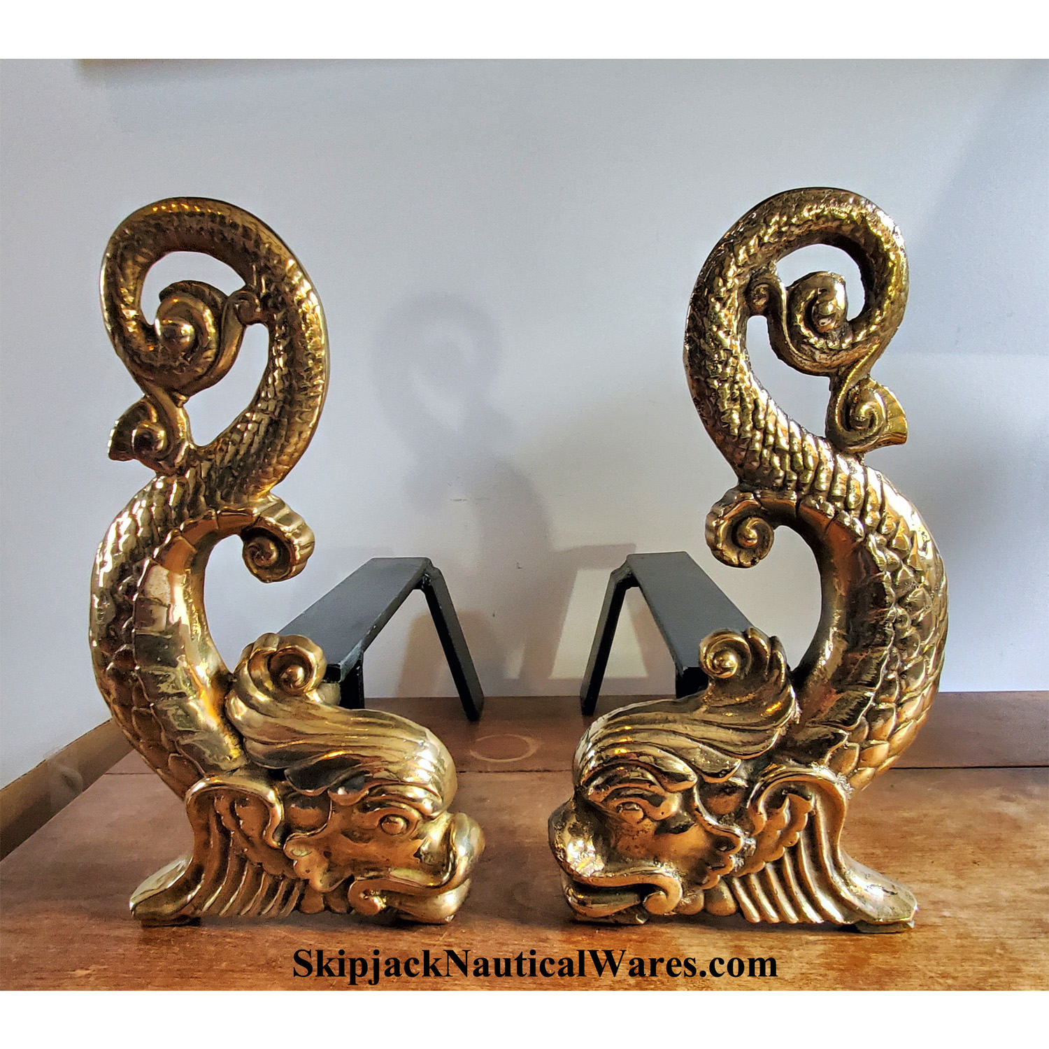 Pair of Cast Brass Neoclassical Dolphin Serpent Fireplace Andirons