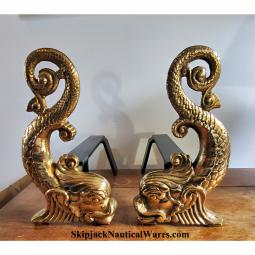 Pair of Cast Brass Neoclassical Dolphin Serpent Fireplace Andirons, Bradley & Hubbard