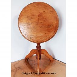 American Victorian Cottage Maple Tilt-top Occasional Table With Nautical Sailing Ship Carving