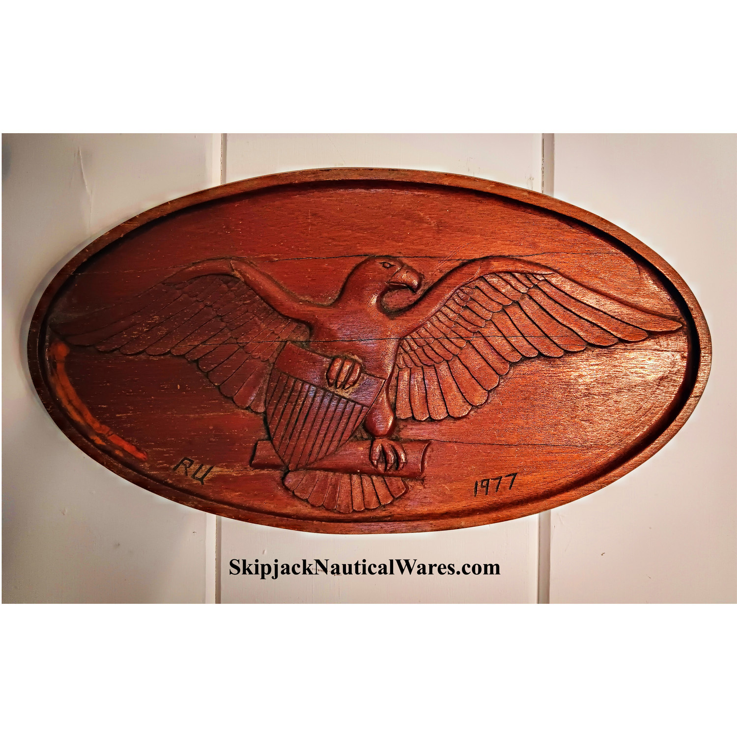 Carved Mahogany Federal Eagle Oval Plaque: Skipjack Nautical Wares
