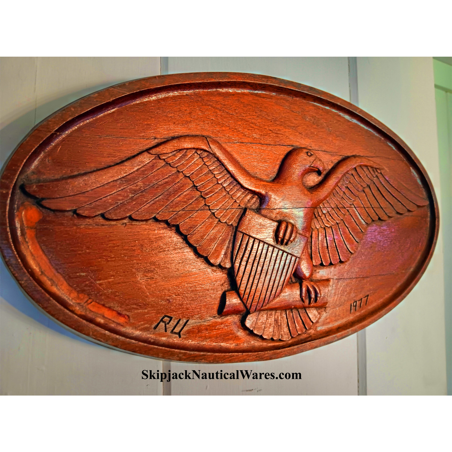 Carved Mahogany Federal Eagle Oval Plaque: Skipjack Nautical Wares