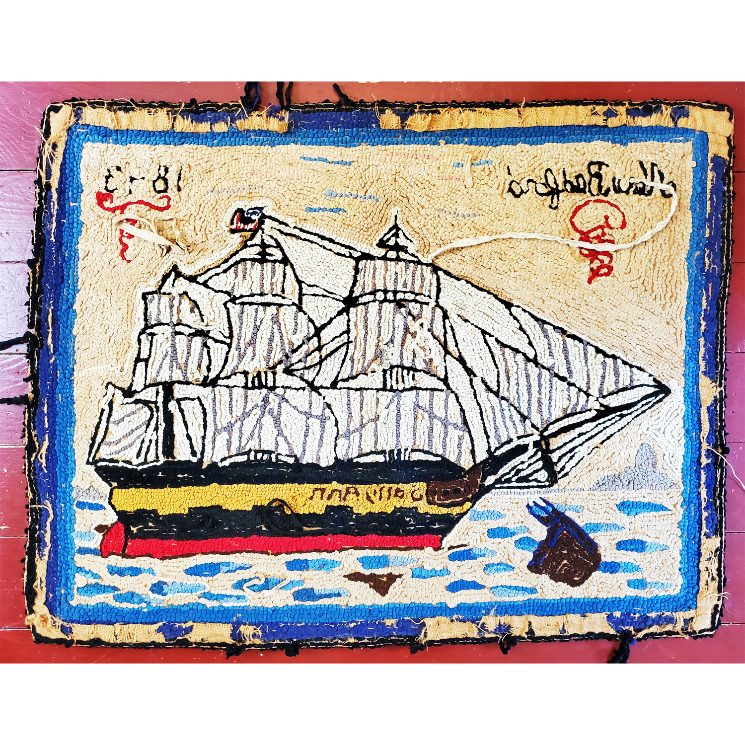 American Antique Whaling Scene Hooked Rug Ship Sally Ann, New