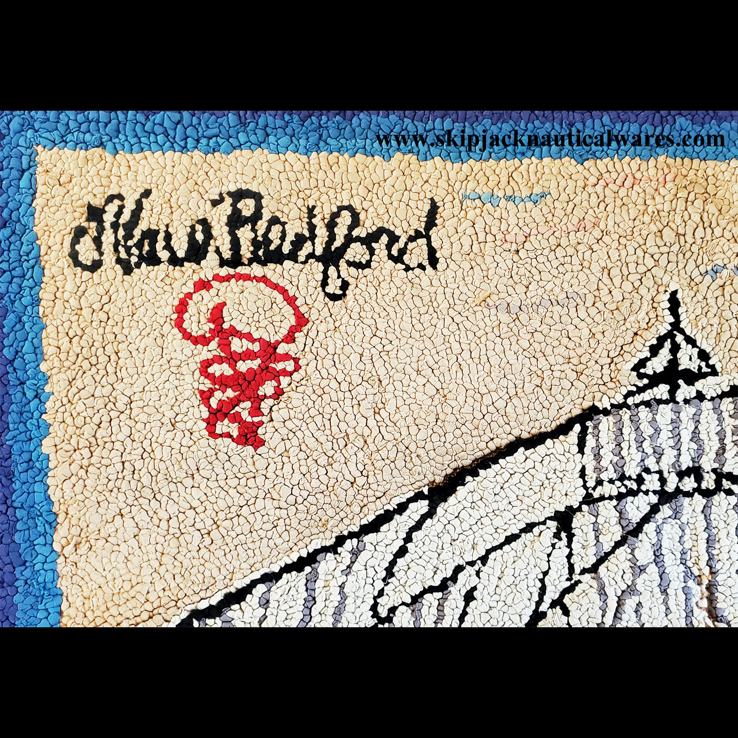 American Antique Whaling Scene Hooked Rug Ship Sally Ann, New