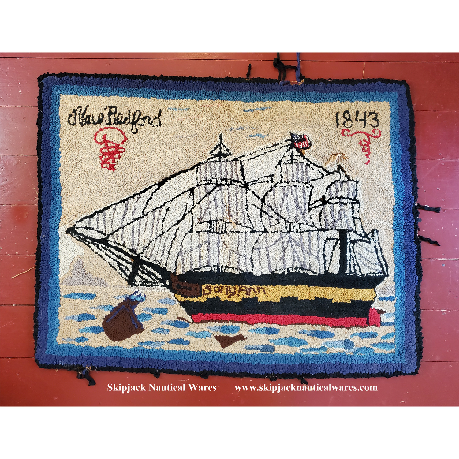 American Antique Whaling Scene Hooked Rug Ship Sally Ann, New
