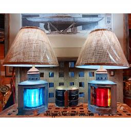 Matching Pair of Antique Triplex Port & Starboard Nautical Table Lamps