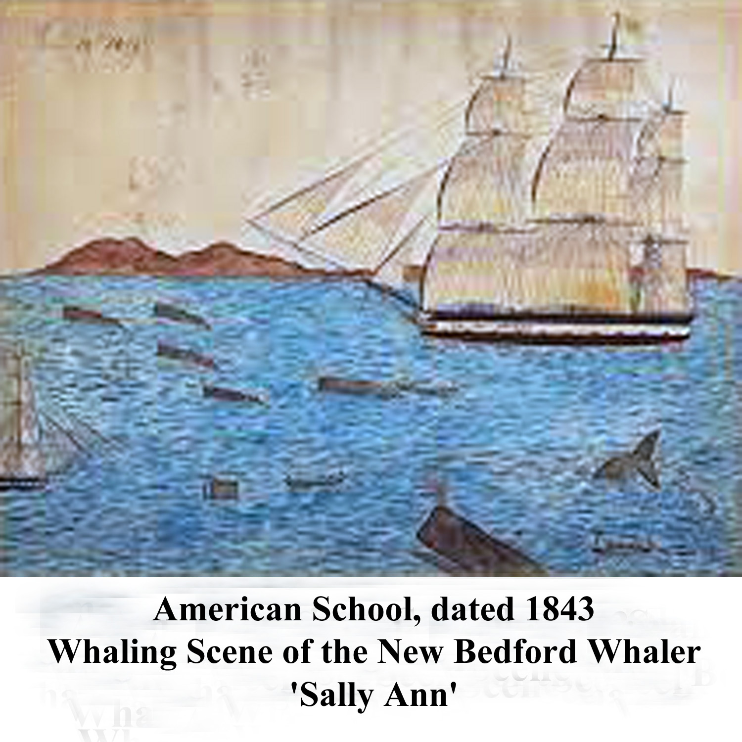 American Antique Whaling Scene Hooked Rug Ship Sally Ann, New