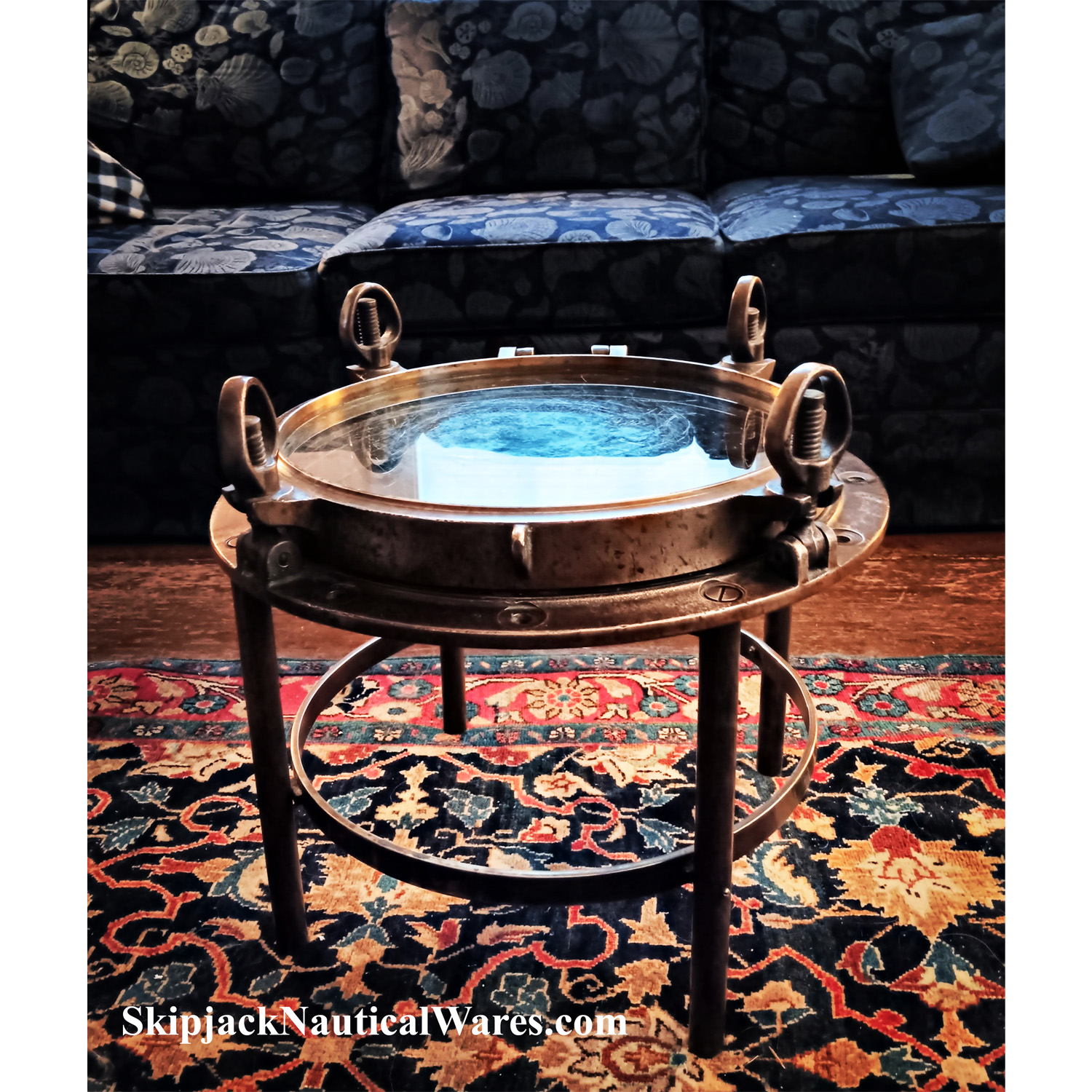 WWII Liberty Ship Brass Porthole Nautical Table: Skipjack Nautical