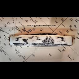 Whaling Ship and Breaching Whale Scrimshaw Pen Knife