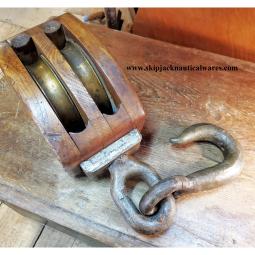Large, Double Purchase Ship's Block With Brass Sheaves & Iron Hook