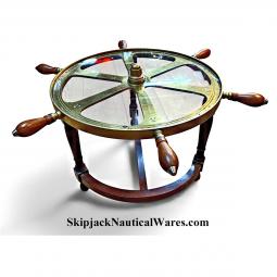 Custom Made Coffee or Occasional Brass Ship's wheel With Mahogany Anchor Base Table
