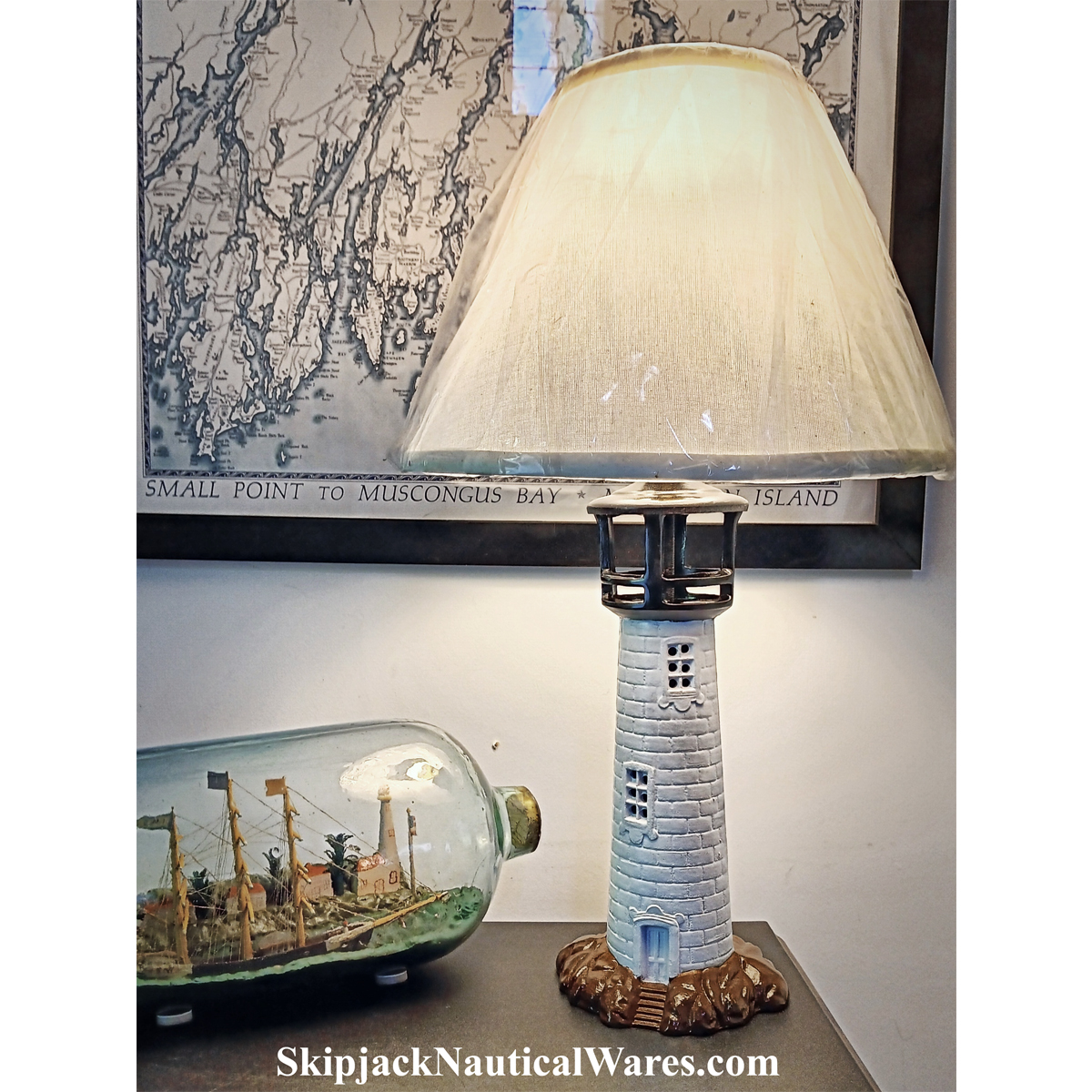 Painted Cast Metal Lighthouse Table Lamp: Skipjack Nautical Wares