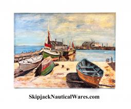 Mid-20th Century Painting of New England Fishing Boats in Dock,  signed H. Wick.