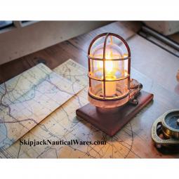 1970's Vintage Nautical Brass Desk Top Table Lamp, Accent Light-Mahogany Base