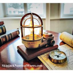 1970's Vintage Nautical Brass Desk Top Table Lamp, Accent Light-Mahogany Base