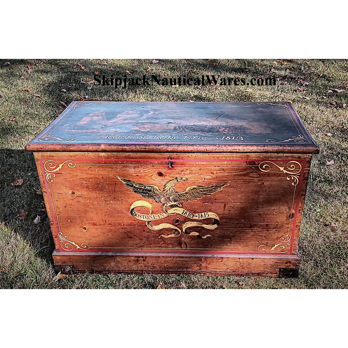 A 19th Century Pine Chest With American Naval Battle Scene 