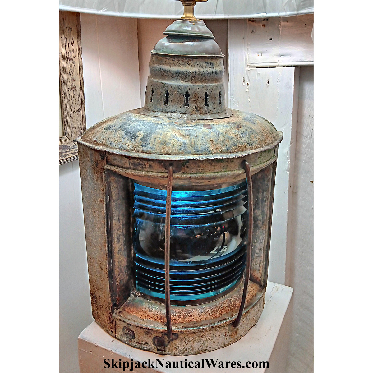Large Starboard Light Nautical Table Lamp- Emerald Blue Lens