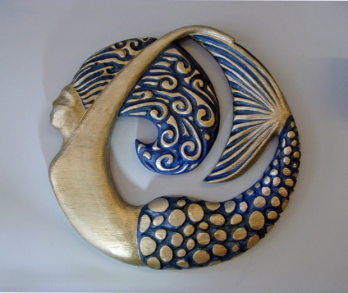 "Contemporary Mermaid Plaque" folk art carving by J & P Johnson -- width 36"