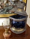 Davey Co, London, yacht, lamp, lantern, nautical, marine, maritime, starboard, blue lens, antique, metal, brass