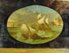 Ingraham, mantel clock, antique, reverse painting, maritime scene, Dutch boats
