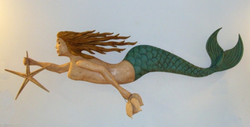"Mermaid with Starfish" folk art carving by J & P Johnson -- length 68"