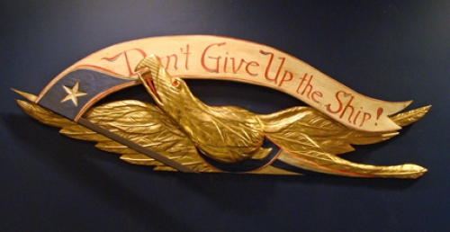 "Don't Give Up the Ship" folk art carving by J & P Johnson -- length 48"