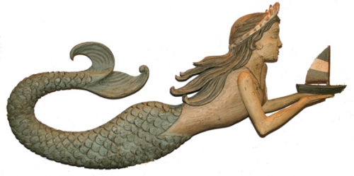"Mermaid Protecting Sailboat" folk art carving by J & P Johnson -- length 48"