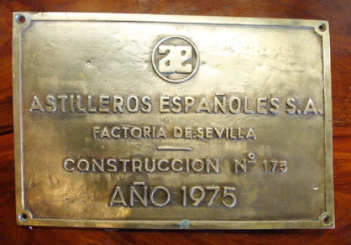 Vintage Spanish shipyard brass plaque:  AE (logo) ASTILLERO
