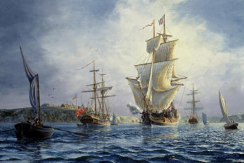 "HMS Ontario at Carleton Island" original oil painting by Peter Rindlisbacher