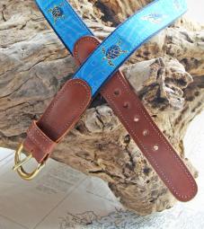 Sea Turtle Coastal Blue Ribbon Belt with Leather Tabs