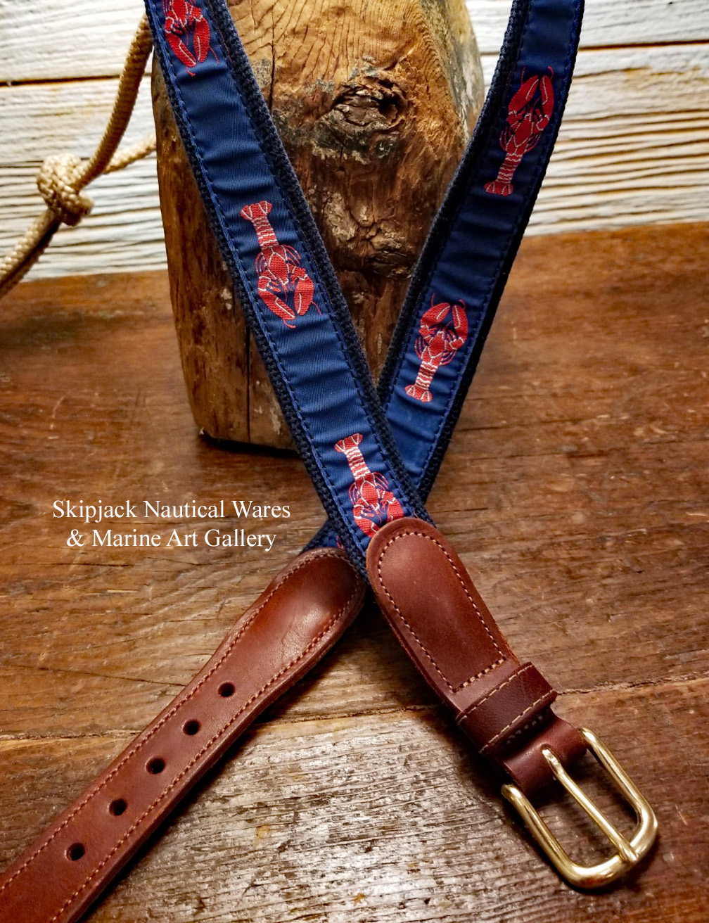 Lobster Ribbon Belt with Leather Tabs: Skipjack Nautical Wares