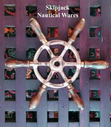 12 inch six handled brass and wood boat wheel with wood handles, brass wheel and handle ends. Polish