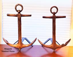 Pair of Antique Cast Brass Fisherman Style Anchor Andirons- Nautical Fireplace Toolss