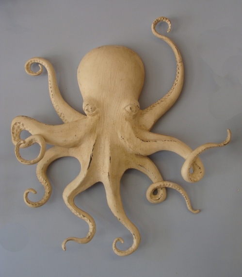 "Octopus in White" folk art carving by J & P Johnson -- width 32"