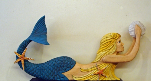 "Wave Rider Mermaid" folk art carving by J & P Johnson -- length 45"