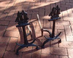 Arts & Crafts Period Nautical Schooner & Anchor Fireplace Andirons