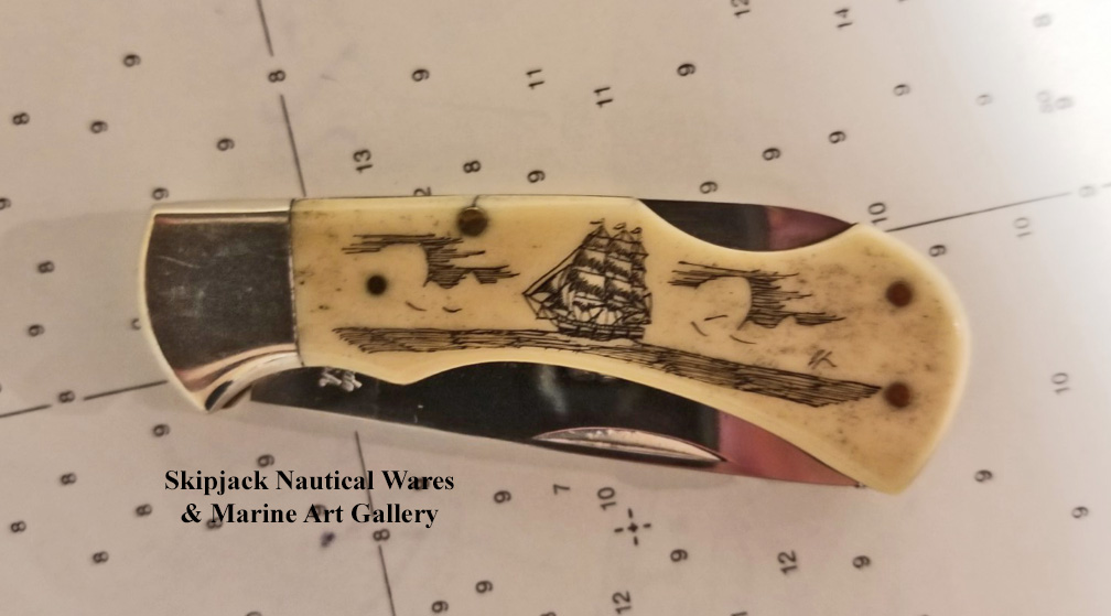 Lock Pocket Knife With Bone Handle Scrimshaw Clipper Ship Skipjack