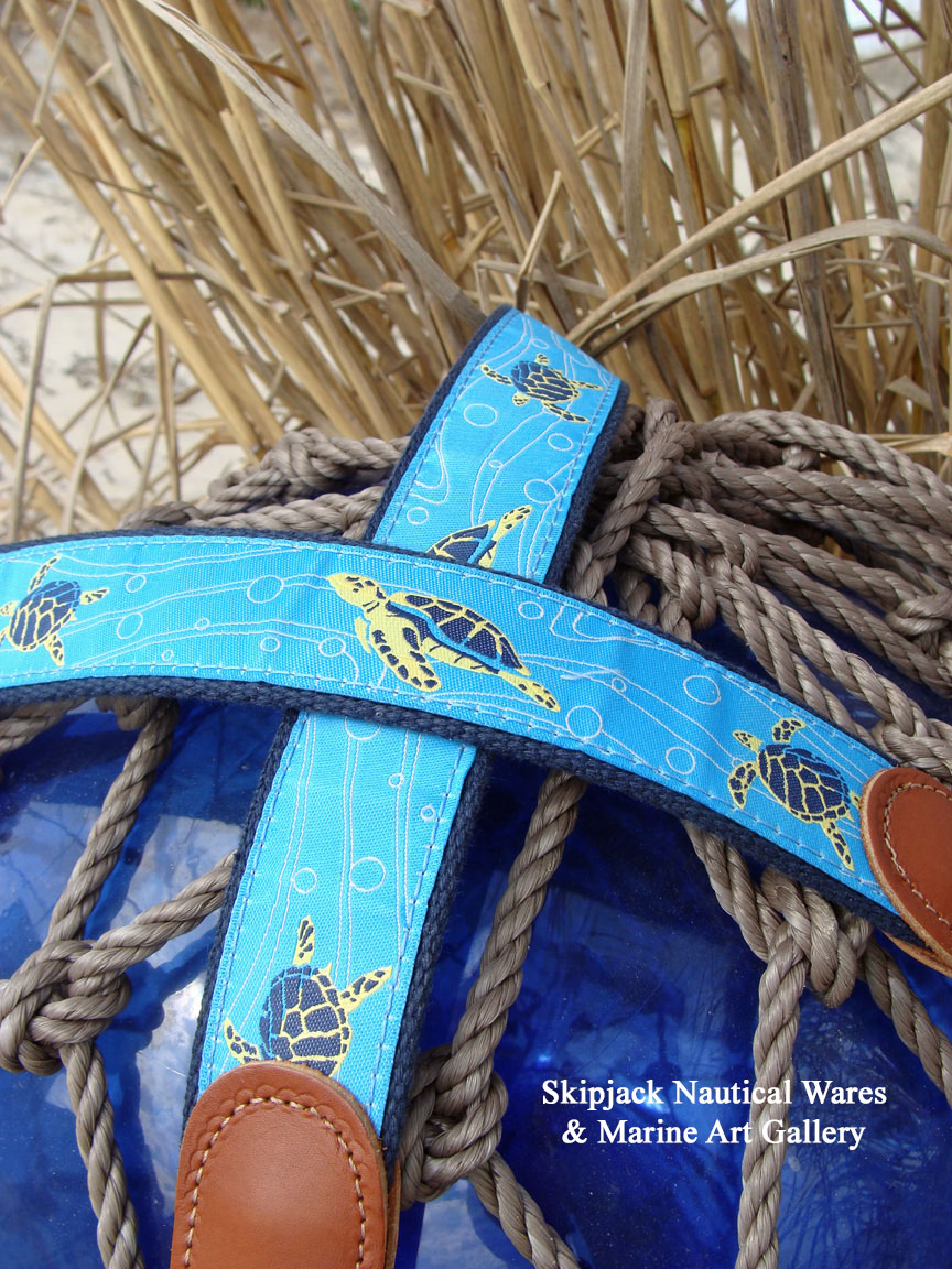 Sea Turtle Coastal Blue Ribbon Belt with Leather Tabs: Skipjack