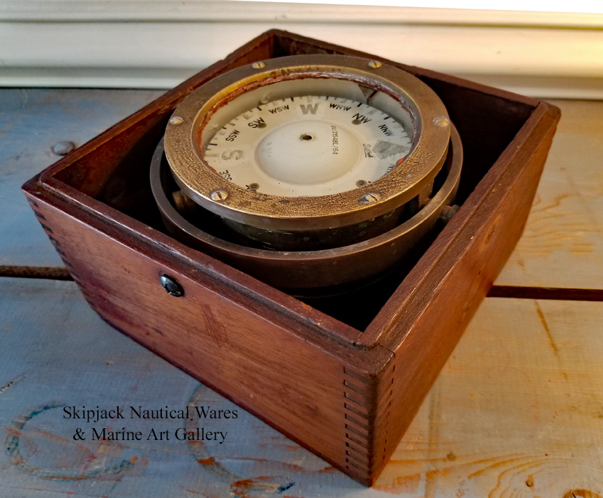 Wooden Brass Wheel Compass Maritime Collectible 