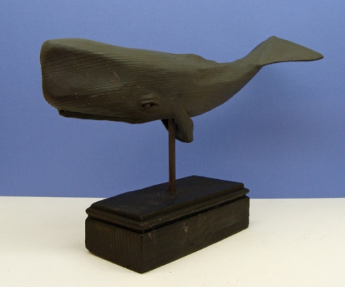 "Black Whale on Stand" folk art carving by J & P Johnson -- length 12"