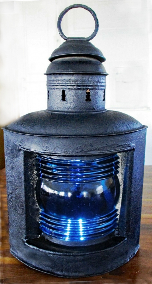 Black Painted Starboard Running Light With Dark Blue Fresnel Lens Skipjack Nautical Wares Black Painted Starboard Running Light, Old Ship Lamps