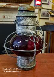 Onion Form Distress Lantern with Ruby Red Glass Globe