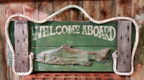 "Welcome Aboard" Wood Camp Cabin Coastal Trade Sign